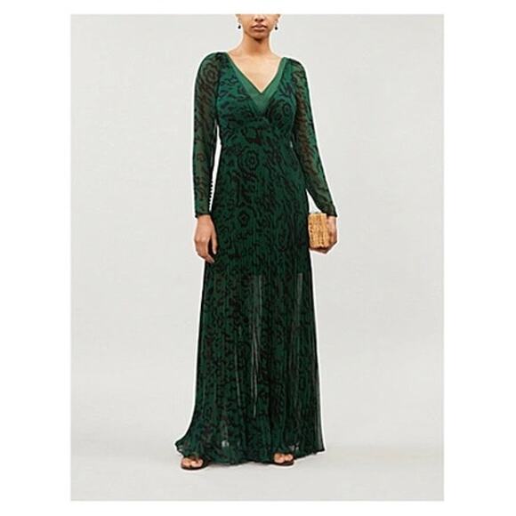 Self Portrait Green & Black Pleated Leopard Print Chiffon Maxi Dress Size 4 - Picture 1 of 9